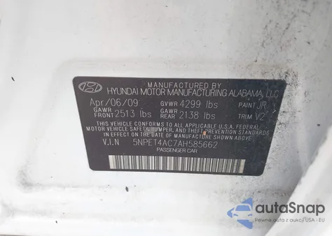 2010 Hyundai Sonata Gls z USA, uszkodzony, nr VIN 5NPET4AC7AH585662